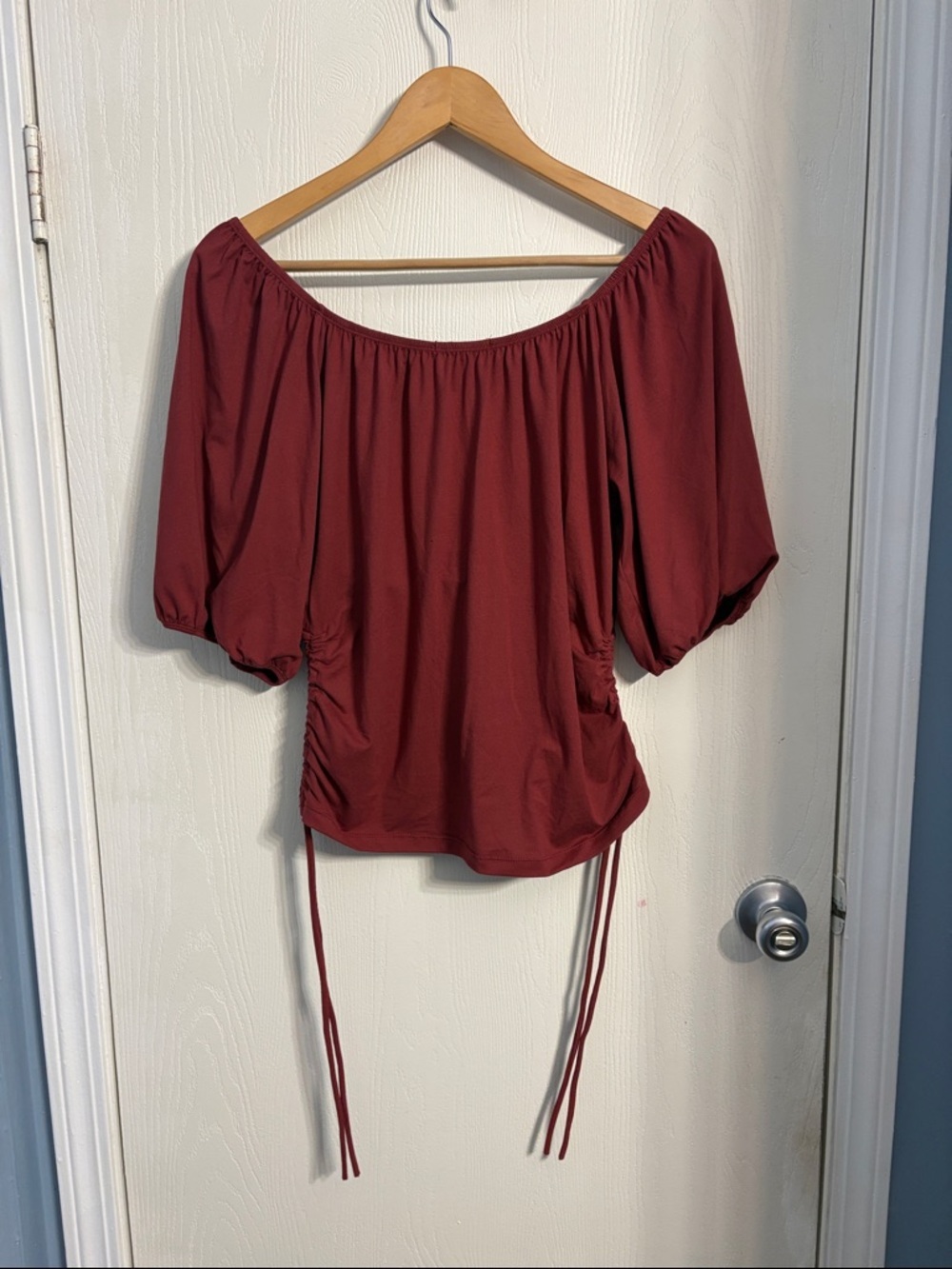 Weekday Burgundy Off-Shoulder Puff-Sleeve Ruched Tie Blouse - Picture 6 of 9